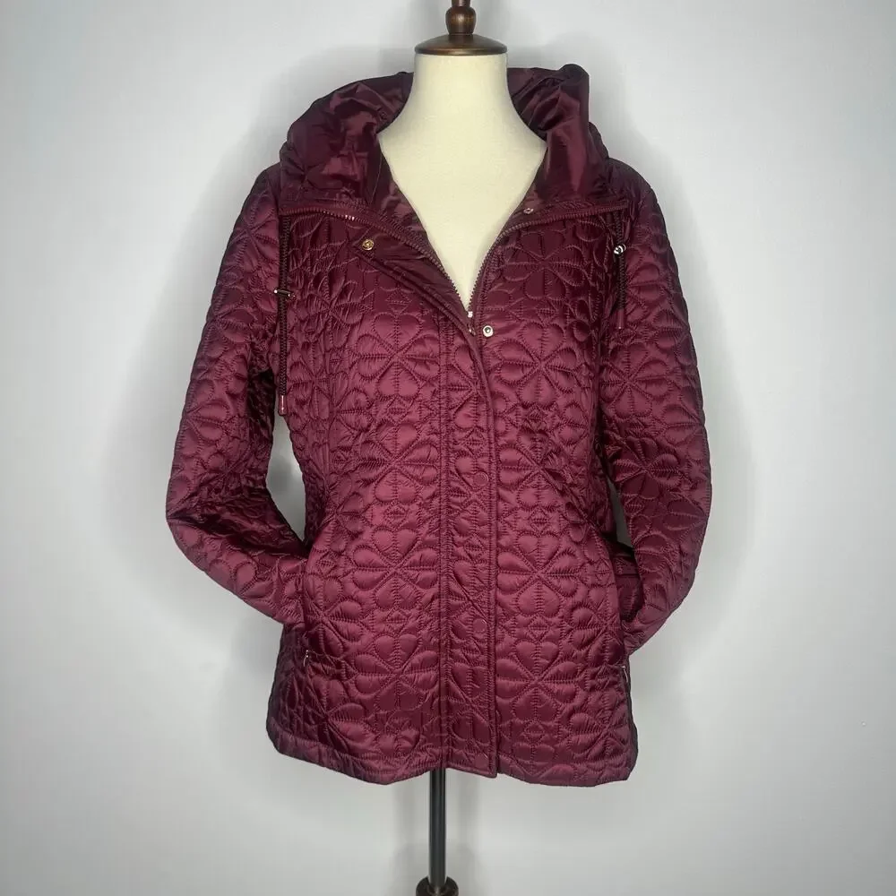 Kate Spade New York Blackberry Spade Flower Quilted Hooded Jacket Large NWT